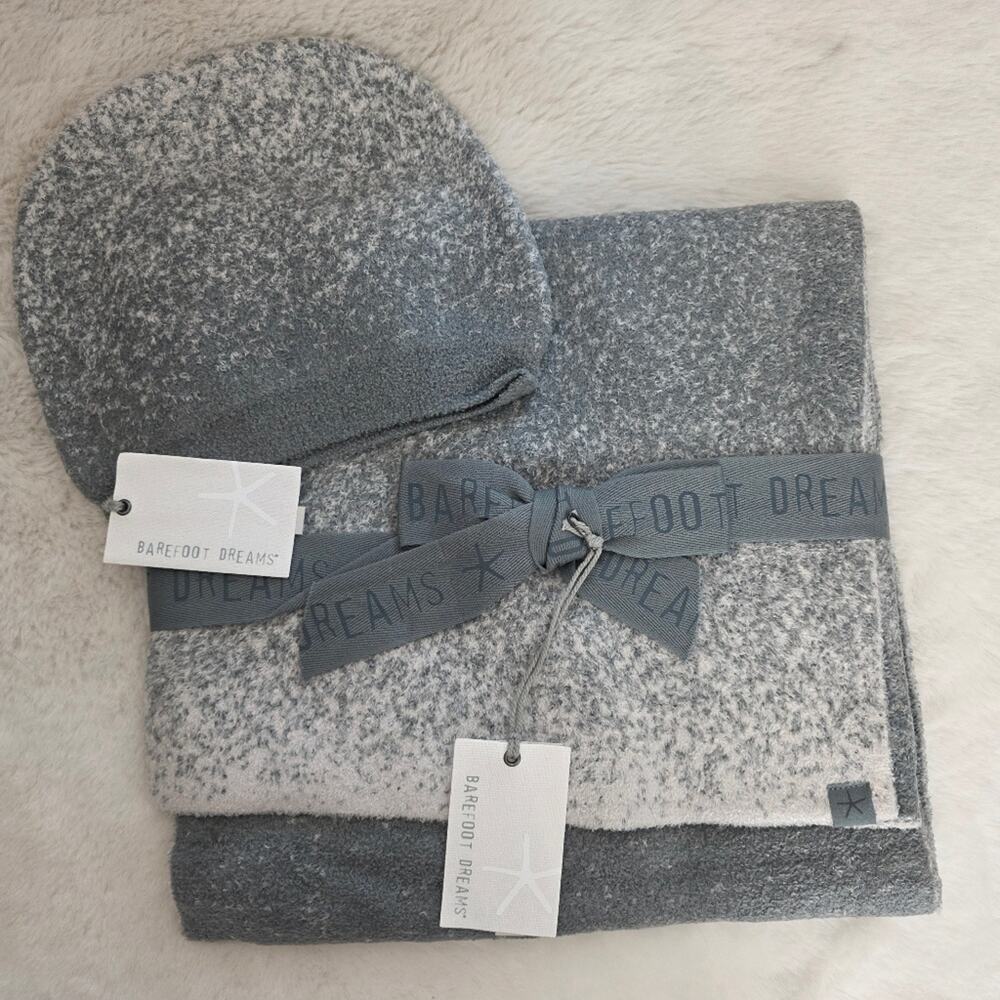 Barefoot Dreams CozyChic Lite Confetti Scarf Beanie Set Smokey Green Gray NWT